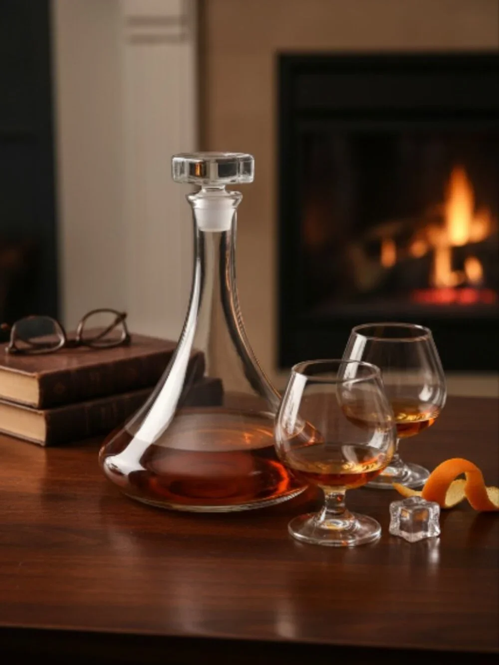 WHISKEY DECANTER -- Glass w/Stopper, 2 Brandy Cognac Snifters, Vintage